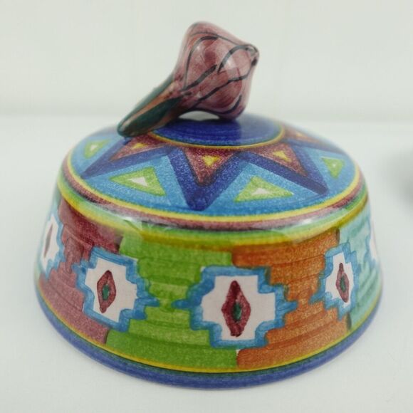 Mexican Colorful Pottery Art Covered Butter Cheese Dish Signed By The Artist - Picture 9 of 12